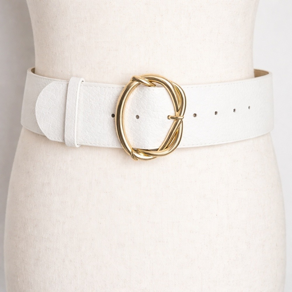 BCBGMaxAzria White Gold Buckle Embossed Wide Leather Statement Belt SZ XS/S